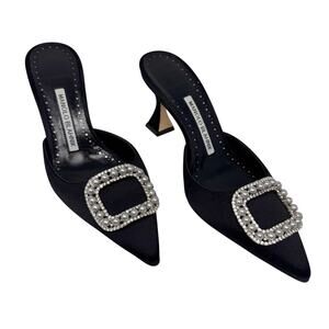 Manolo Blahnik Fabetamu Pearl Crystal Buckle Satin Mule Black 36
